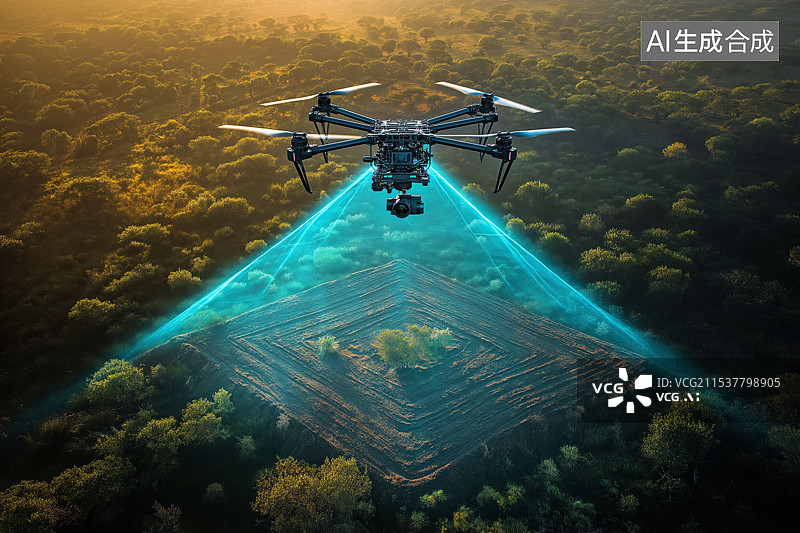 【AI数字艺术】森林中测绘无人机图片素材