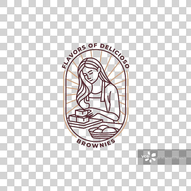 女性制作布朗尼的线条艺术徽章logo图片素材