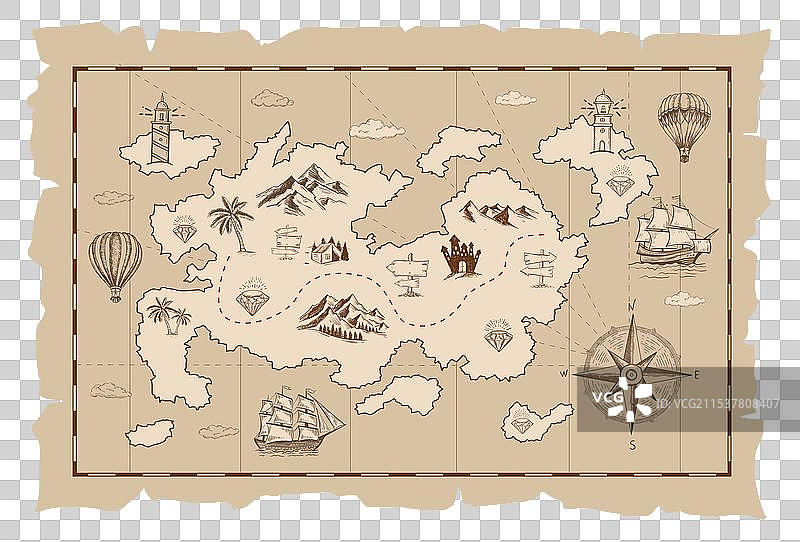 一幅古老海盗藏宝图的素描图片素材