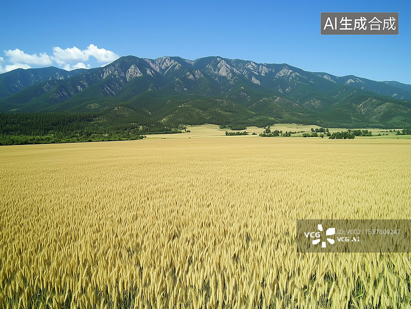 【AI数字艺术】北方地区大片金色麦田远山图片素材