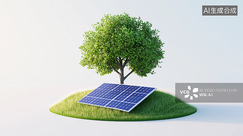【AI数字艺术】绿色新能源主题粘土质感图标——绿色大树与光伏太阳能发电板图片素材