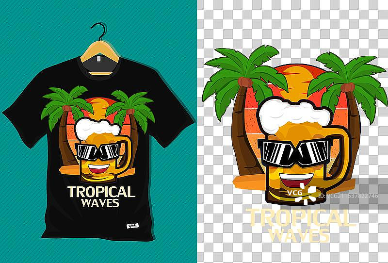 热带波浪复古T恤设计图片素材