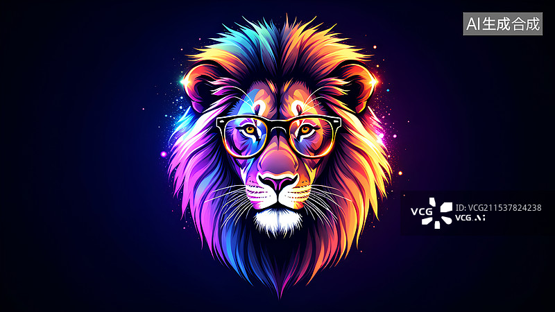 【AI数字艺术】动物主题插画 带着眼镜的狮子图片素材