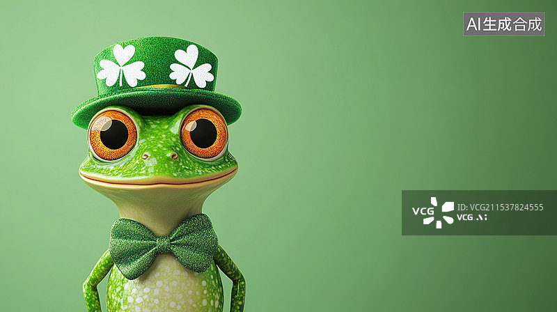 【AI数字艺术】欢庆卡通青蛙王子微信戴绿色节日帽子幸运草领带文化贺卡节日促销派对邀请函图片素材