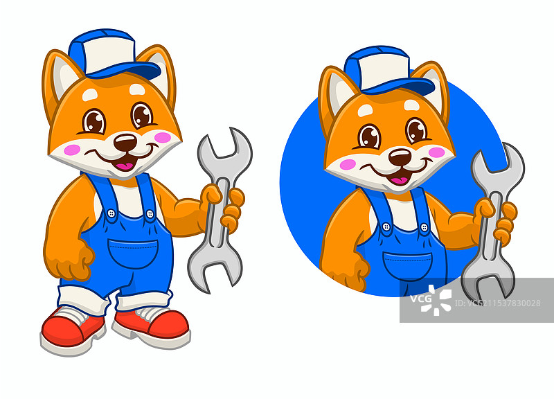 快乐的柴犬机械师手持扳手吉祥物图片素材