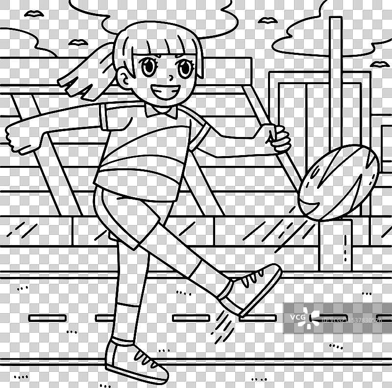 女子橄榄球运动员踢球的涂色页图片素材