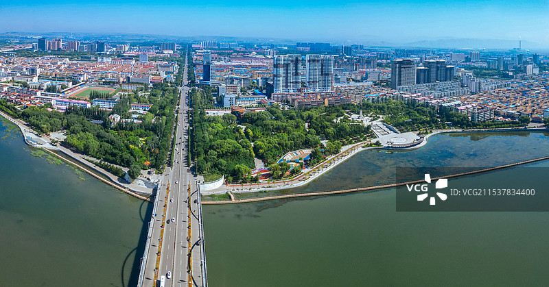 朔州 敬德公园 文化艺术中心 七里河一桥 喷泉广场 航拍图片素材