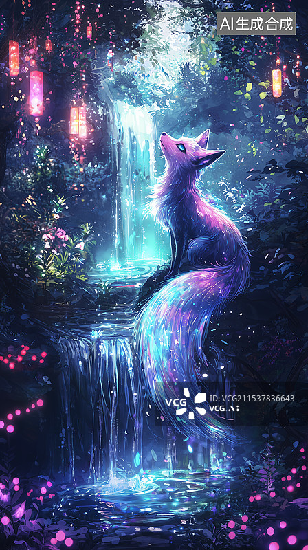 【AI数字艺术】梦幻狐仙瀑布奇缘图片素材