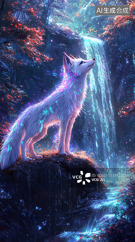 【AI数字艺术】梦幻狐仙瀑布奇缘图片素材