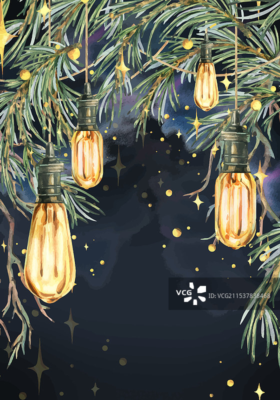 复古爱迪生灯泡悬挂在松枝上图片素材