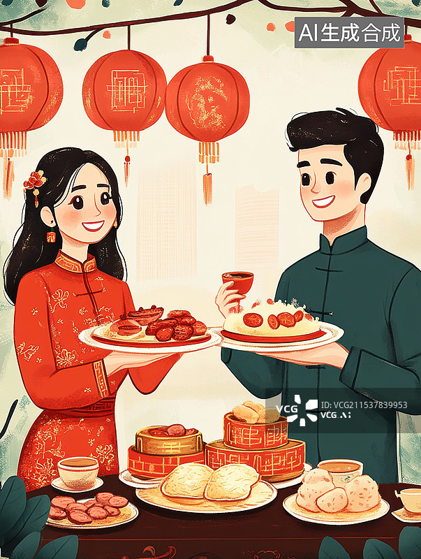 【AI数字艺术】夫妻两人准备家庭春节年夜饭的插画图片素材