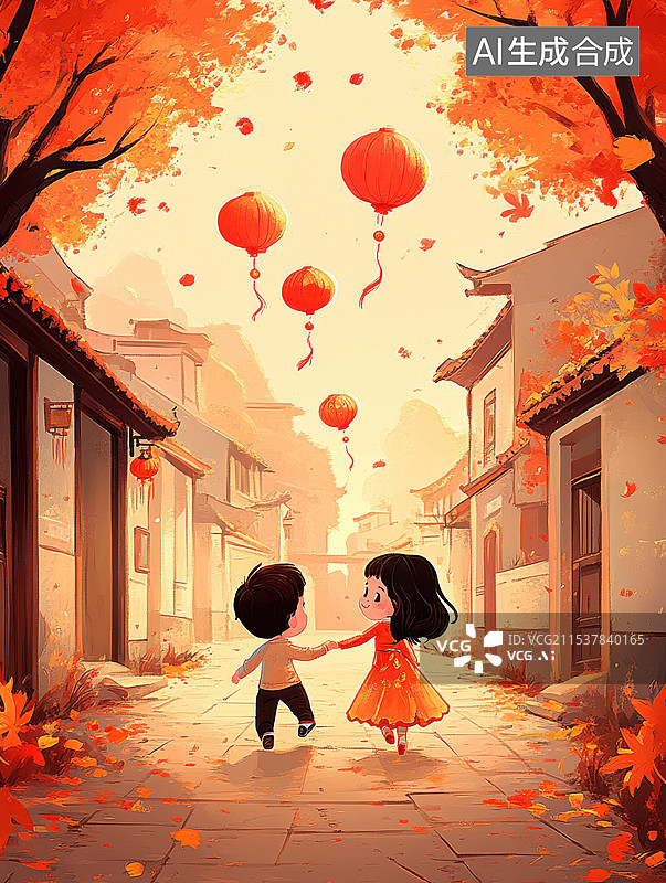【AI数字艺术】中国新年元宵节小孩逛灯会欢庆场景图片素材