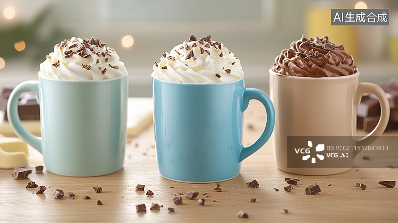 【AI数字艺术】温馨冬日享受三杯浓郁热巧克力覆盖蓬松鲜奶油巧克力屑节日聚会食谱博客社交媒体帖子或季节性广告背景图片素材
