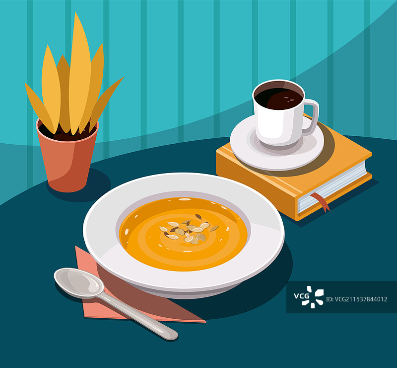 蓝色桌子上的碗装南瓜汤和咖啡 3D图片素材