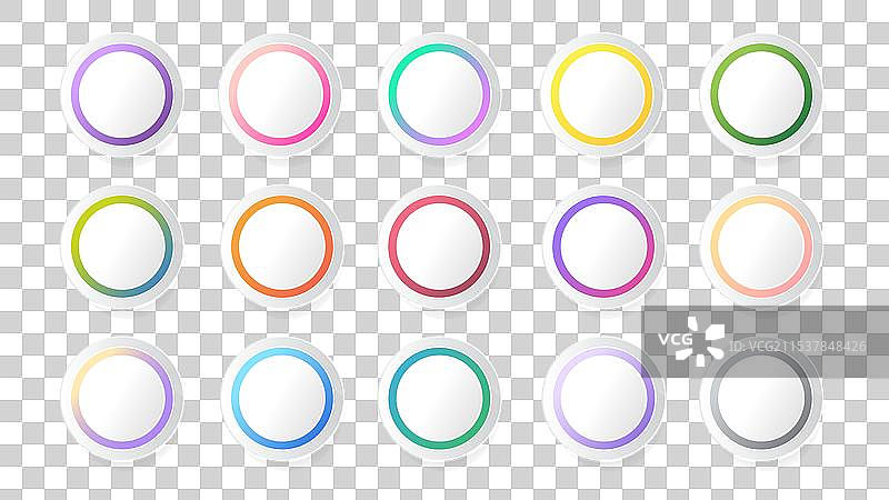 白色圆形图标的空白按钮集，带有多彩色彩图片素材