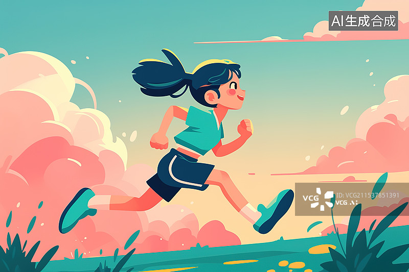 【AI数字艺术】卡通风格跑步锻炼身体的小孩插画图片素材