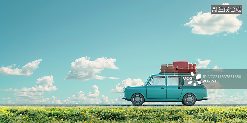【AI数字艺术】一辆旅行车行驶在开满鲜花的小路上——自驾游出行概念图片素材