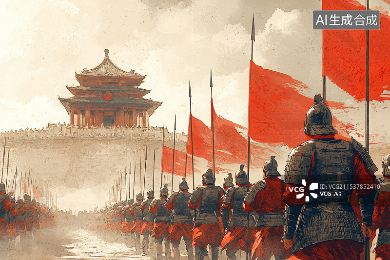 【AI数字艺术】中国古代城门前，士兵身穿铠甲，手上拿着长矛，整齐列队图片素材