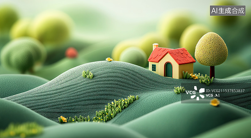 【AI数字艺术】毛绒质感的梦幻卡通绿色家园风景场景图片素材