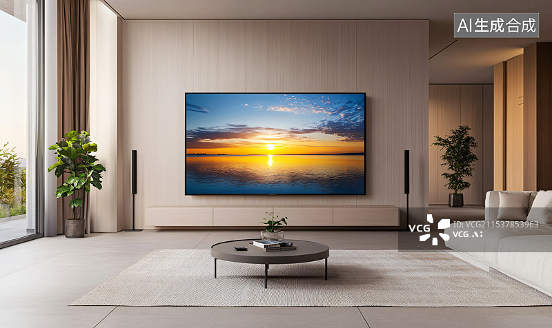 【AI数字艺术】厅，温暖氛围，中间摆放电视机。  关键词：图片素材