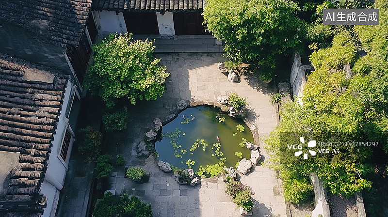【AI数字艺术】冬季雨天高角度俯拍的传统中式庭院大门度假村旅游自然节气背景文化与传统建筑学放松旅游网页设计图书配图图片素材