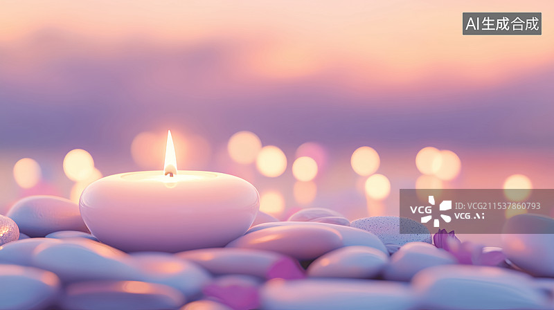【AI数字艺术】海边禅宗蜡烛鹅卵石电商产品展台紫色背景图片素材