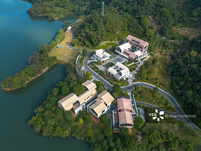 广州黄埔水声水库航拍建筑自然风光图片素材