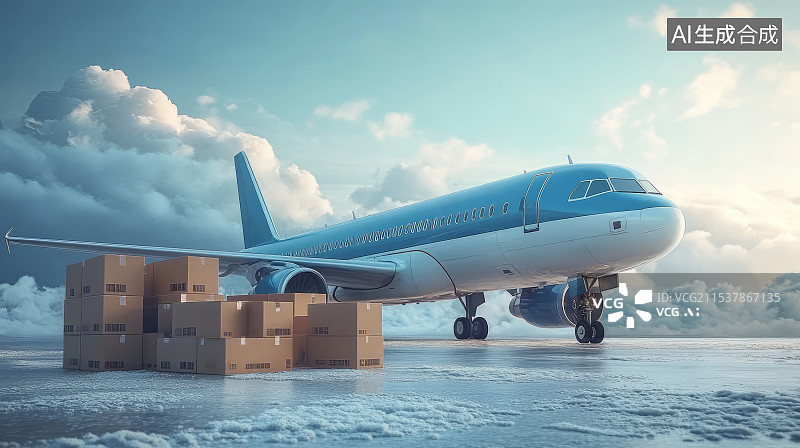 【AI数字艺术】飞机和快递包裹，航空物流运输概念图片素材