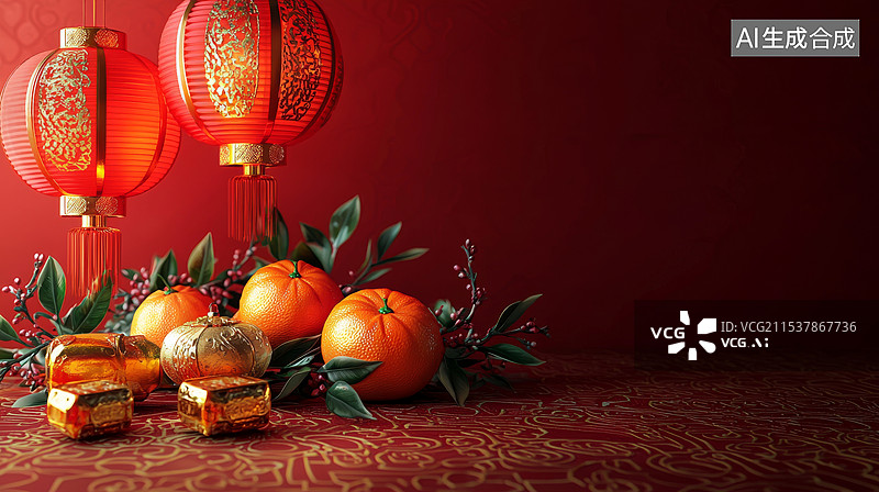 【AI数字艺术】新春灯笼与砂糖橘大红喜庆背景图片素材