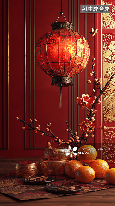 【AI数字艺术】新春灯笼与砂糖橘大红喜庆背景图片素材