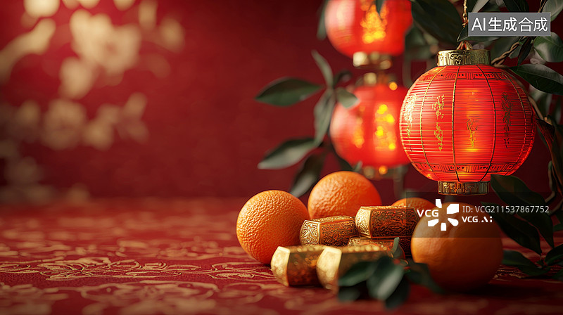 【AI数字艺术】新春灯笼与砂糖橘大红喜庆背景图片素材
