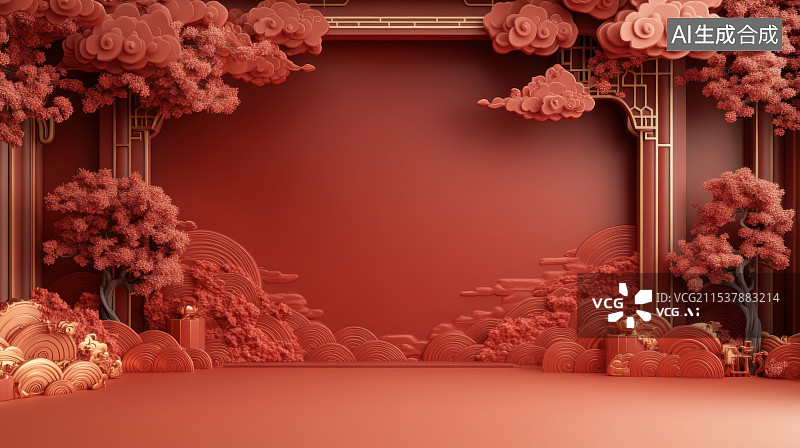 【AI数字艺术】中国风3D红色背景边框电商产品展台图片素材