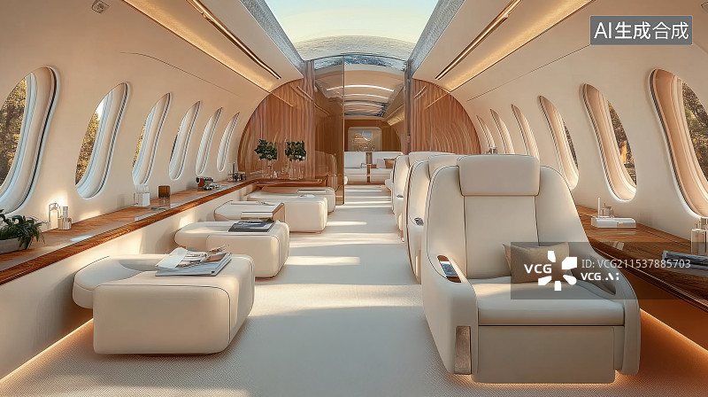 【AI数字艺术】现代豪华舒适的飞机座舱座位内部空间图片素材
