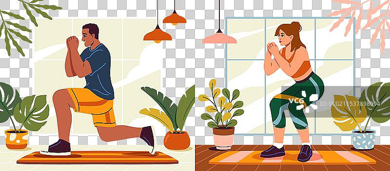 年轻男女在家做深蹲图片素材