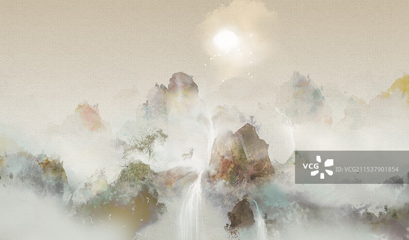 中国风意境山水插画图片素材