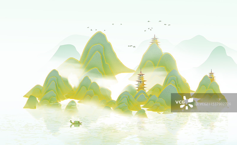 中国风意境绿水青山插画 古风山水背景插画图片素材