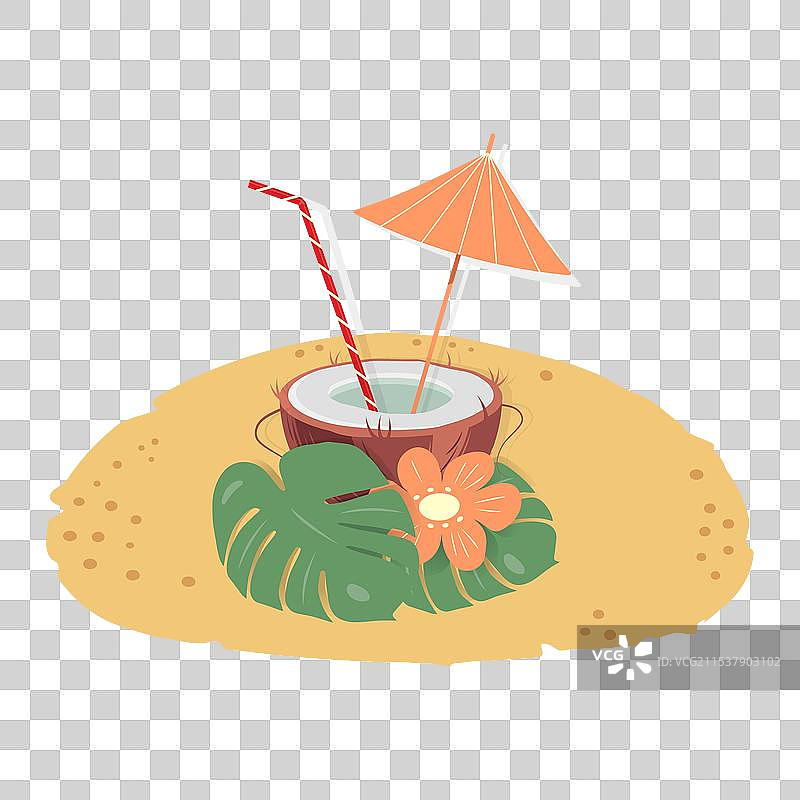 半个椰子里插着饮料鸡尾酒吸管图片素材