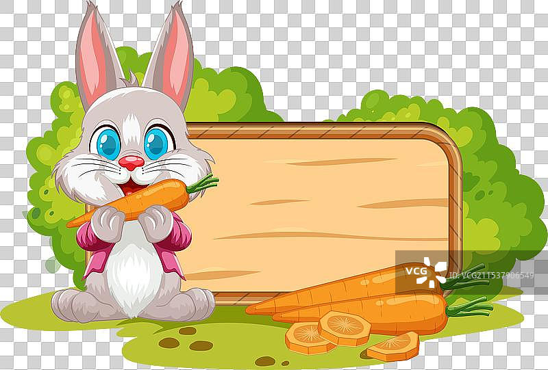 可爱的兔子抱着胡萝卜，旁边有一个木牌。图片素材