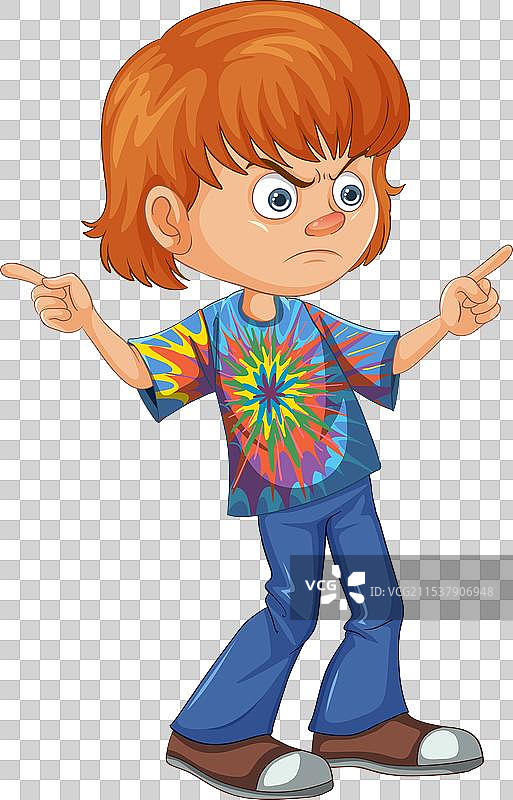 生气表情的卡通男孩指着别人图片素材