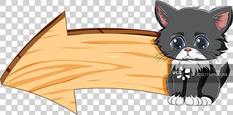 可爱的卡通小猫在空白箭头标志旁边图片素材