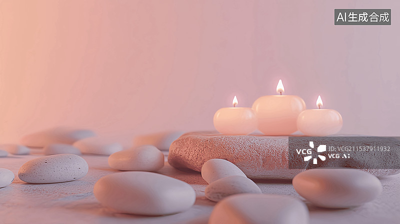 【AI数字艺术】禅宗鹅卵石蜡烛产品展台建筑空间粉色背景图片素材