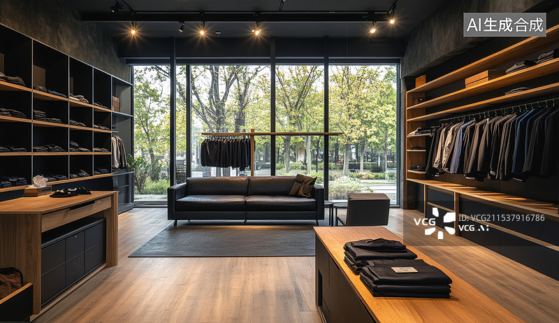 【AI数字艺术】一个现代风格的衣帽间，设计简洁而时尚。房间内有大面积的玻璃窗，自然光线充足，窗外是郁郁葱葱的树木。图片素材