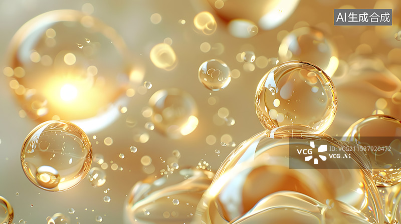 【AI数字艺术】3D渲染金色液体化妆油精华与分子液体滴在背景图片素材