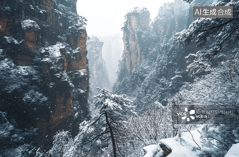 【AI数字艺术】一片壮观的山峰景观，山峰高耸入云，被薄雾笼罩。山体上覆盖着树木和植被，显得非常神秘和壮丽。图片素材