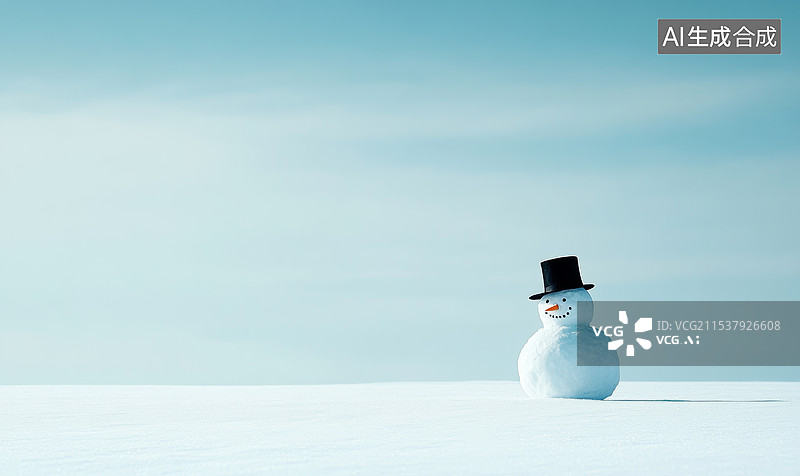 【AI数字艺术】一个可爱的雪人，站在雪地里。雪人戴着一顶黑色的高帽，脸上有黑色的小石子作为眼睛和嘴巴图片素材