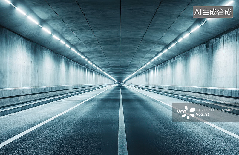 【AI数字艺术】城市道路马路场景长而明亮的地下隧道图片素材