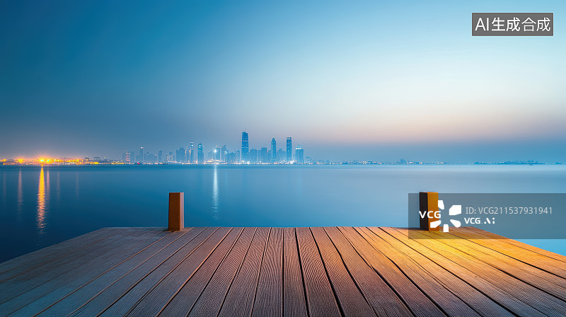 【AI数字艺术】城市天际线夜景与木质平台图片素材