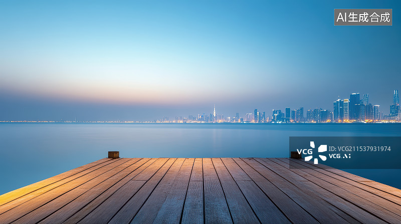 【AI数字艺术】城市天际线夜景与木质平台图片素材