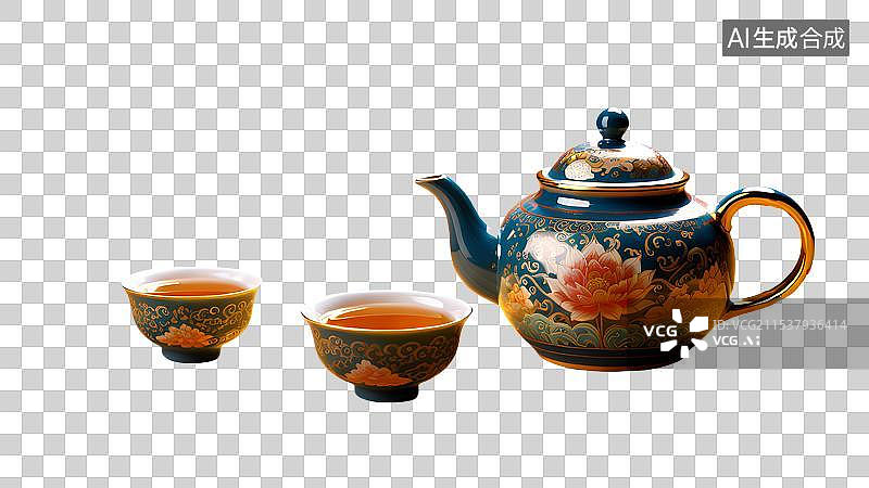 【AI数字艺术】3D渲染，华丽的陶瓷茶具，茶壶和茶杯，茶道，茶文化，下午茶免抠元素图片素材