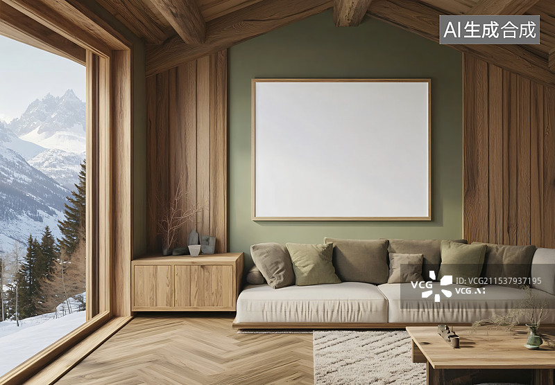 【AI数字艺术】宽敞的别墅室内客厅，极简设计，展示留白装饰画，配有大窗户，俯瞰户外高山景色，营造出宁静奢华的氛围。图片素材